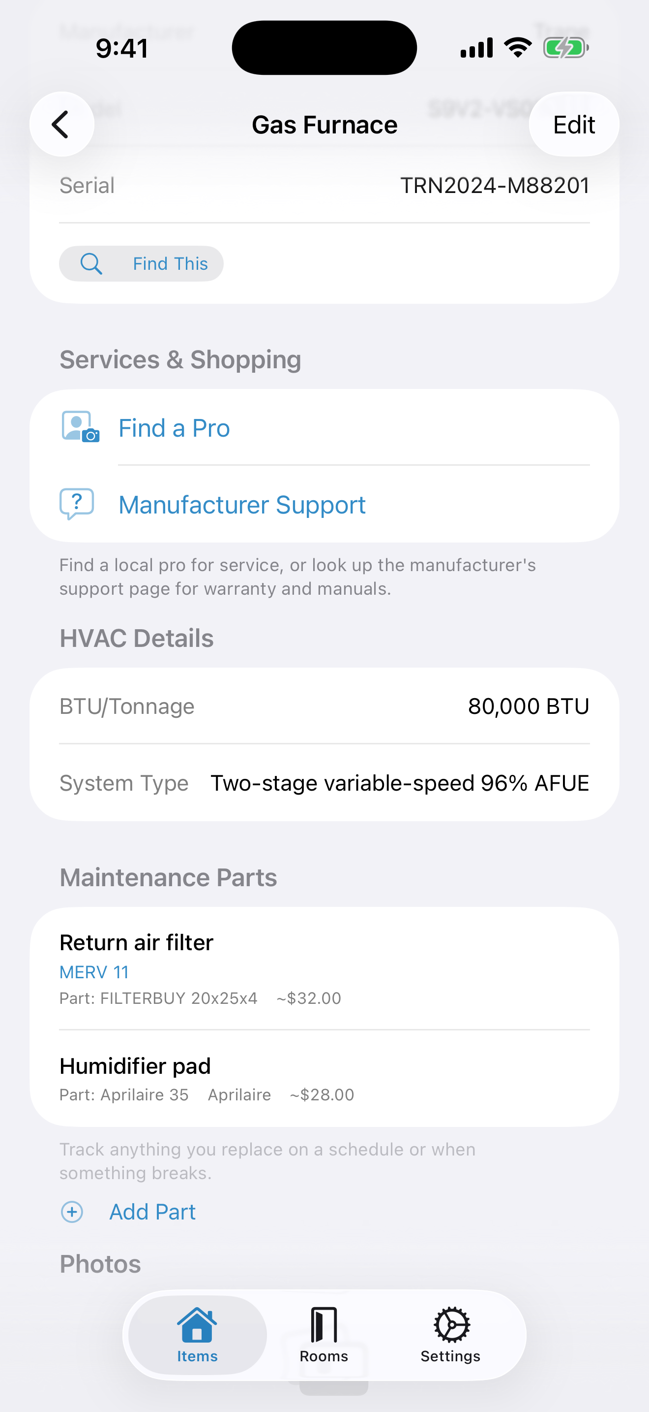 Item detail with specs filled in